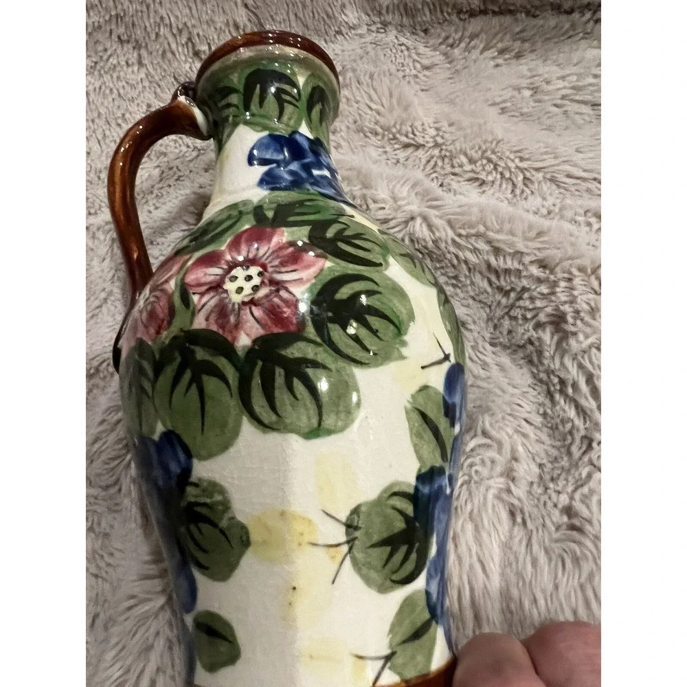 Vintage Hand Painted Floral Peacock Pottery Jug Made in Japan 7.5